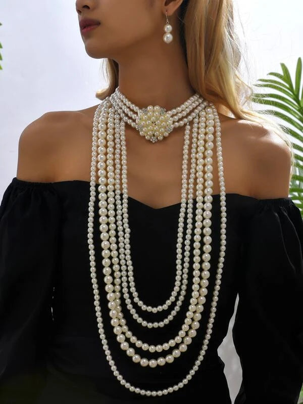 Long Elegant Radiant Pearl Rhinestone Faux Women's Necklace Jewelry Set Accessories
