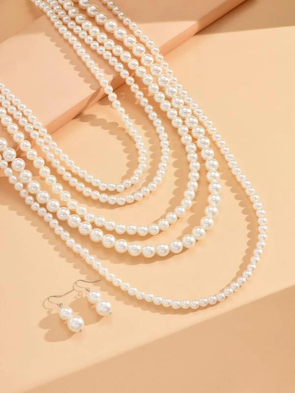 Long Elegant Radiant Pearl Rhinestone Faux Women's Necklace Jewelry Set Accessories