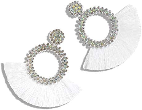 Cute Trendy Tassel Crystal Feathered Statement Fashion Rhinestone Earrings Women’s