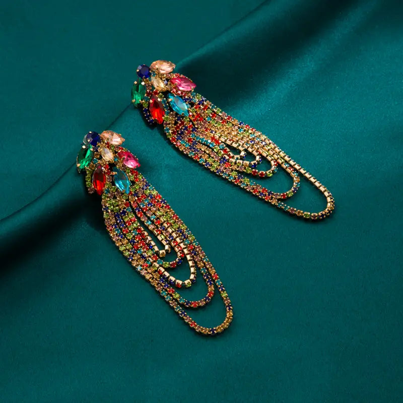 Glamorous Rhinestones Tassel Crystal Drop Luxury Jewelry for Women High Fashion Statement Diva Accessories