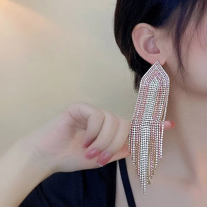 Women's Fashion Elegant Silver Statement Rhinestone Drop Earrings Oversize Long Jewelry