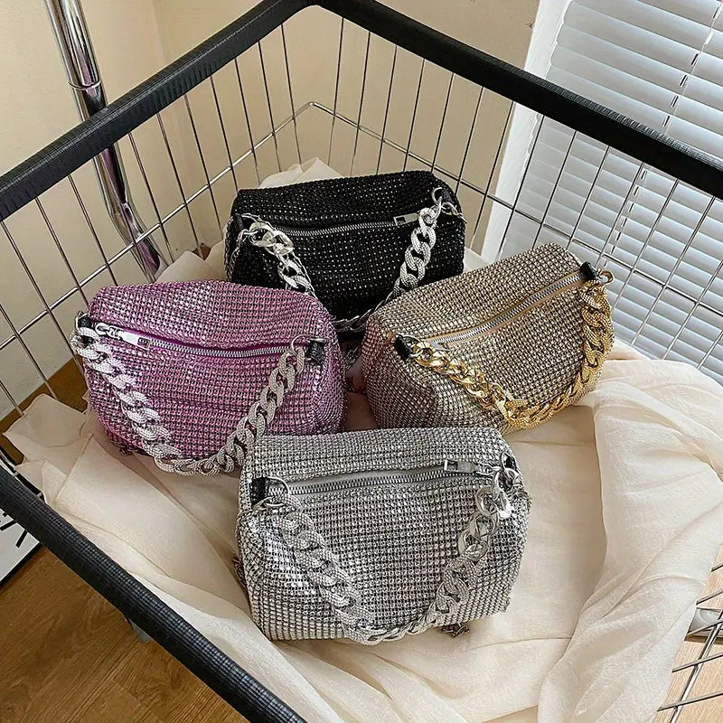 Purple Rhinestone Fashion Glitter Chain Crossbody Bag Women's Sparkly Evening Party