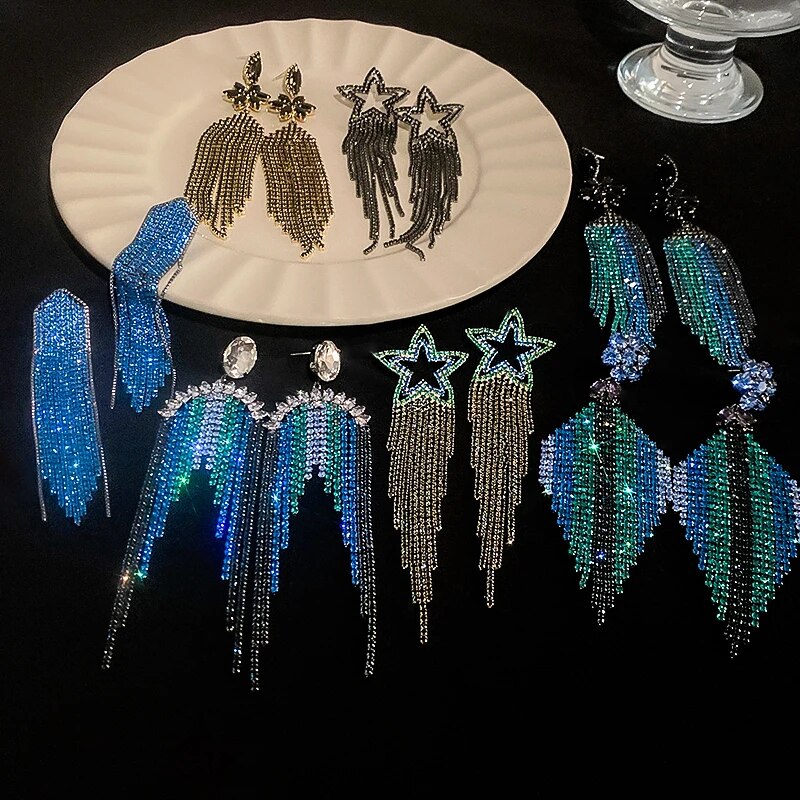 Lux Rhinestone Flower Long Tassel Dangle Earrings Exaggerated Jewelry Accessories for Ladies