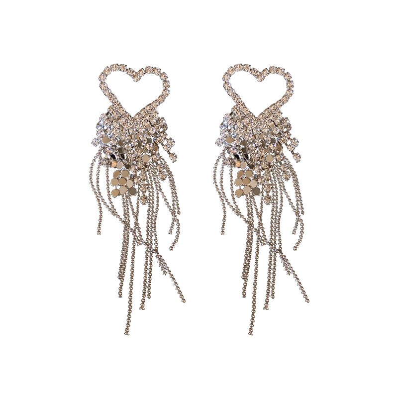 Sparkly Heart Crystal Tassel Earrings Women Accessories Rhinestone Dangle Jewelry