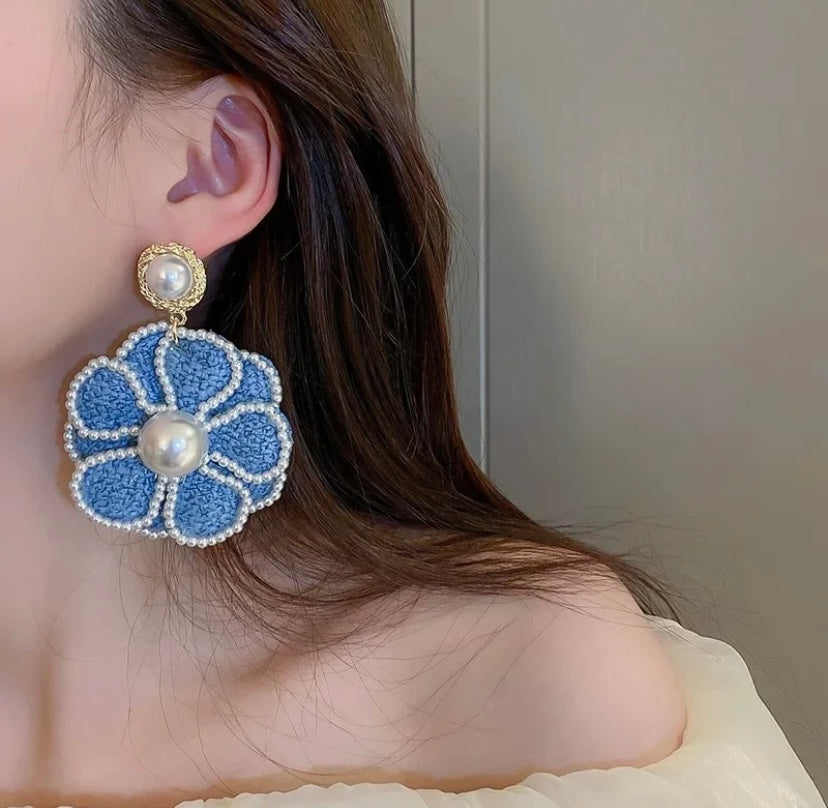 Elegant Blue Denim Crystal Pearl Flower Earrings Jewelry for Women Accessories