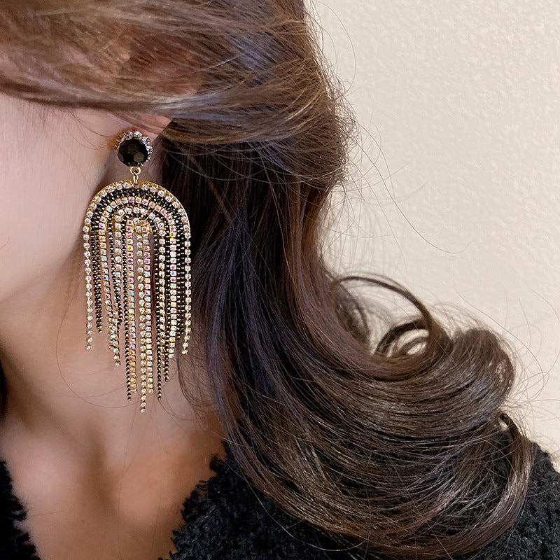 Gold Black Rhinestone Fashion Crystal Tassel Earrings Women Luxury Statement Jewelry