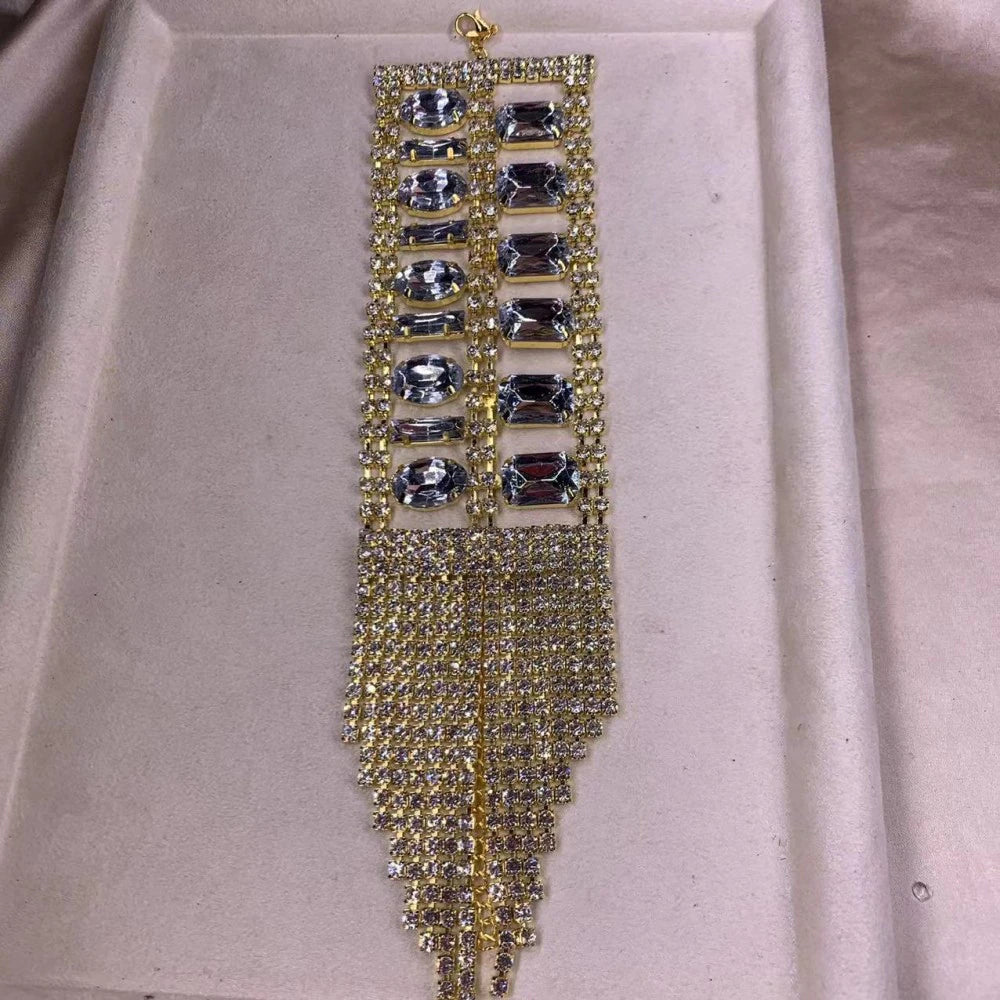 Elegant Rhinestone Big Square Long Tassel Hand Chain Wrist Bracelet for Women Crystal Bangle Jewelry