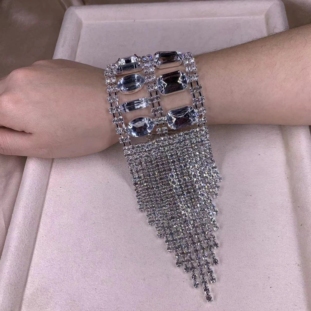 Elegant Rhinestone Big Square Long Tassel Hand Chain Wrist Bracelet for Women Crystal Bangle Jewelry