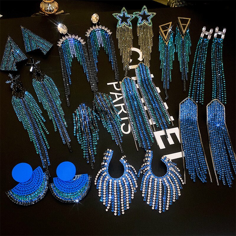 Fashion Blue Crystal Statement Long Full Rhinestone Big Earrings For Women
