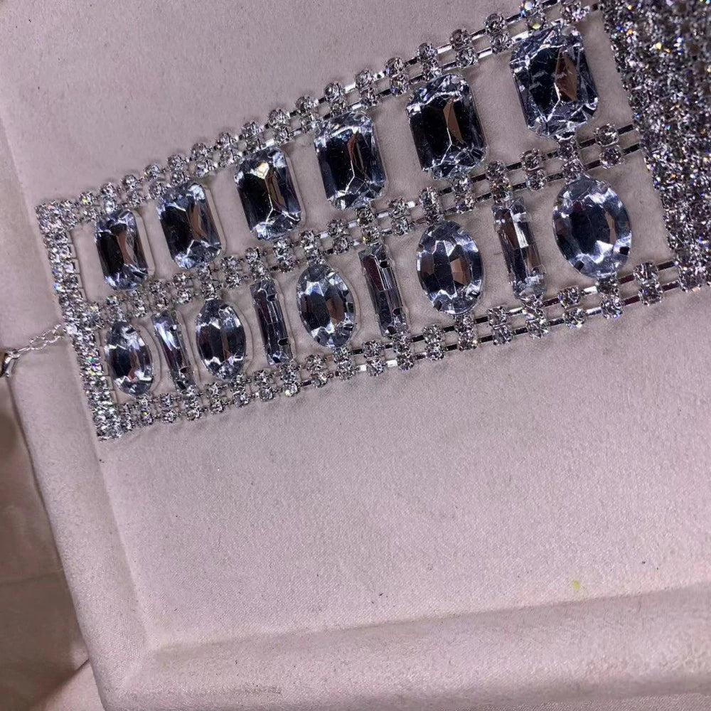 Elegant Rhinestone Big Square Long Tassel Hand Chain Wrist Bracelet for Women Crystal Bangle Jewelry