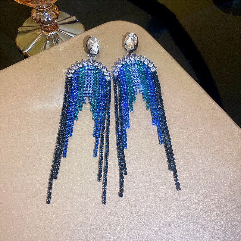 Fashion Blue Crystal Statement Long Full Rhinestone Big Earrings For Women