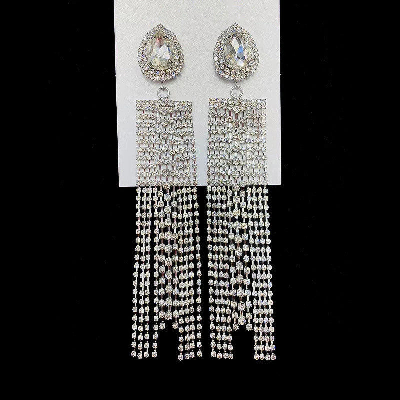 Elegant Diva Glam Shimmery Rhinestone Long Tassel Drop Earrings Chandelier Dangle Earring Accessories