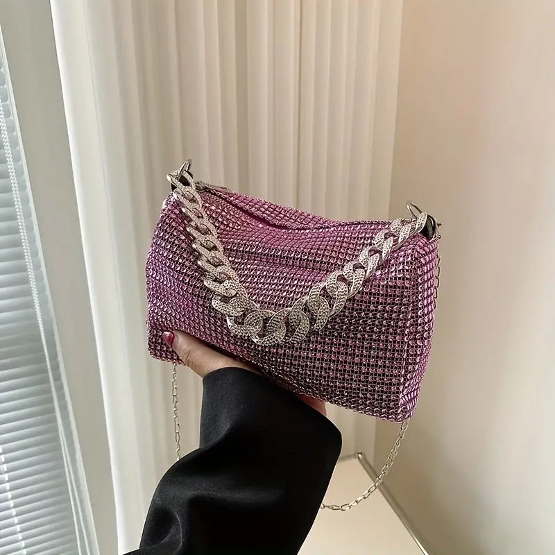 Purple Rhinestone Fashion Glitter Chain Crossbody Bag Women's Sparkly Evening Party