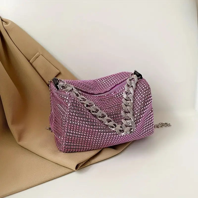 Purple Rhinestone Fashion Glitter Chain Crossbody Bag Women's Sparkly Evening Party