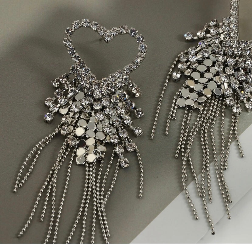 Sparkly Heart Crystal Tassel Earrings Women Accessories Rhinestone Dangle Jewelry