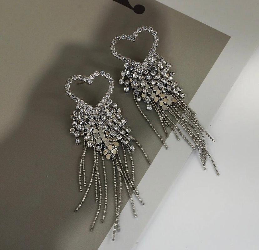 Sparkly Heart Crystal Tassel Earrings Women Accessories Rhinestone Dangle Jewelry