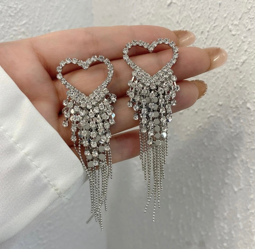 Sparkly Heart Crystal Tassel Earrings Women Accessories Rhinestone Dangle Jewelry