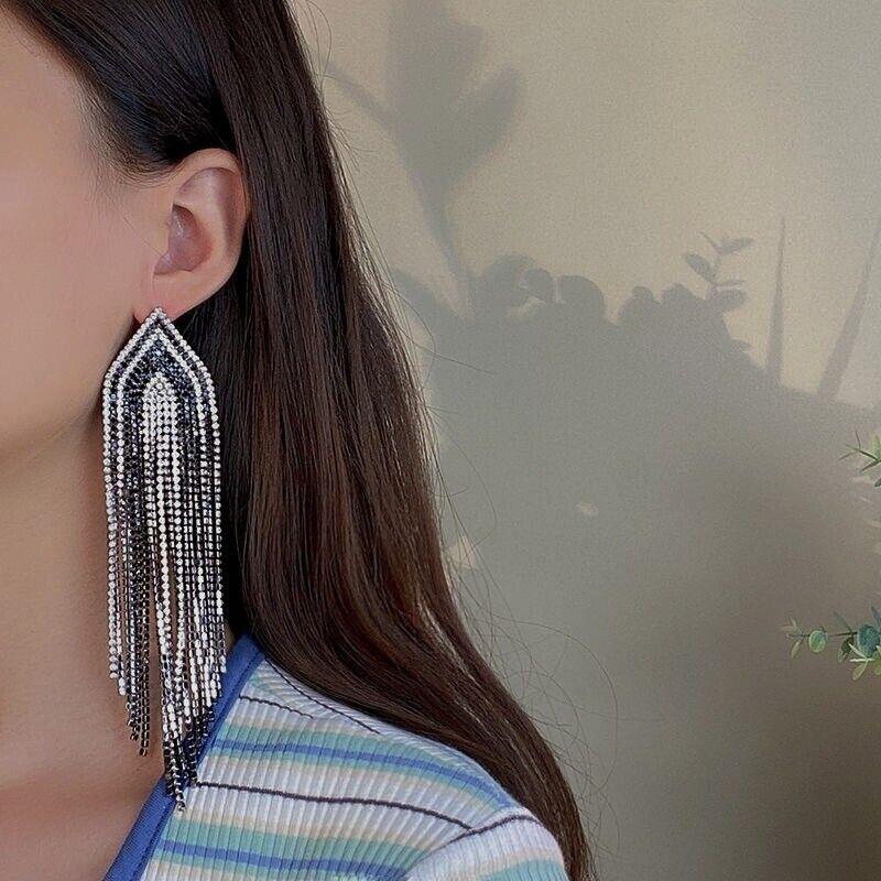 Women's Fashion Elegant Silver Statement Rhinestone Drop Earrings Oversize Long Jewelry