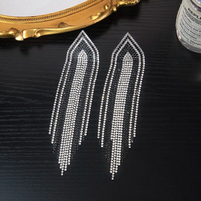Women's Fashion Elegant Silver Statement Rhinestone Drop Earrings Oversize Long Jewelry