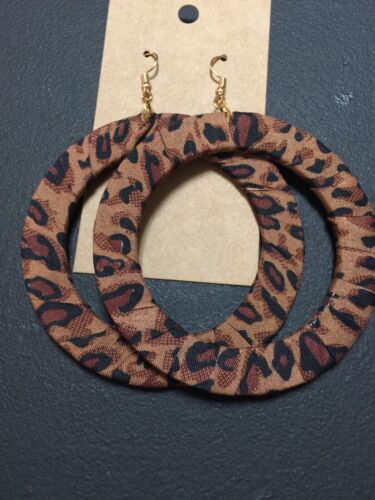 Fashion Ladies Round Wood Clothed Statement Earrings w Cheetah Enhancements