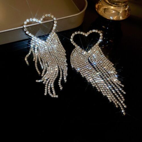 Luxury Ladies Sexy Heart Statement Rhinestone Stunning Crystal Dangle Earrings Women