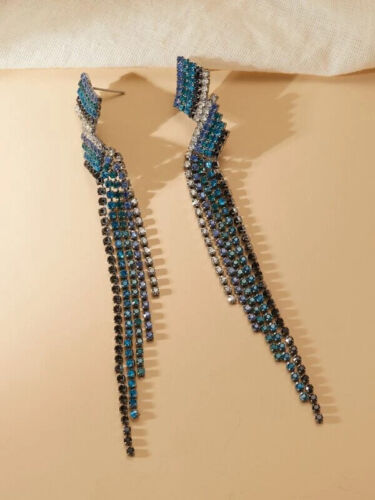 Blue Rhinestone Crystal Fashion Long Tassel Earrings for Women's Jewels