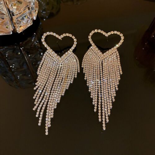 Luxury Ladies Sexy Heart Statement Rhinestone Stunning Crystal Dangle Earrings Women