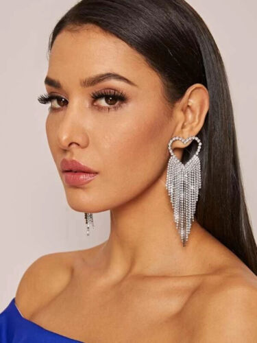 Luxury Ladies Sexy Heart Statement Rhinestone Stunning Crystal Dangle Earrings Women