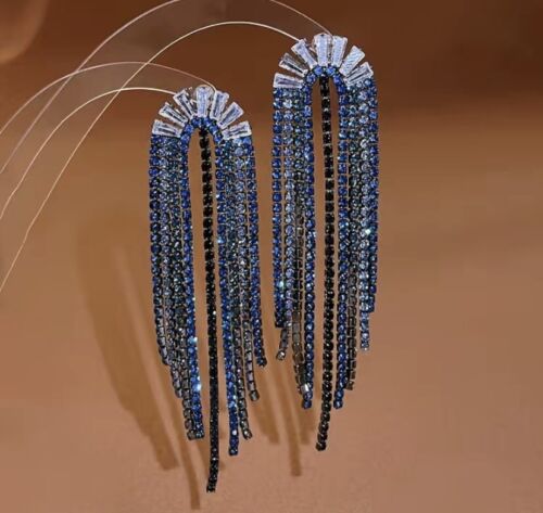 Blue Rhinestone Crystal Geometric Flower Long Tassel Earrings for Women's Jewelry