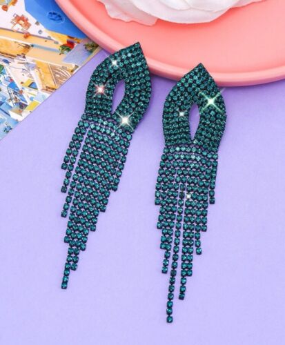 Women's Hunter Green Shimmery Rhinestone Fashion Statement Bling Earrings Ladies