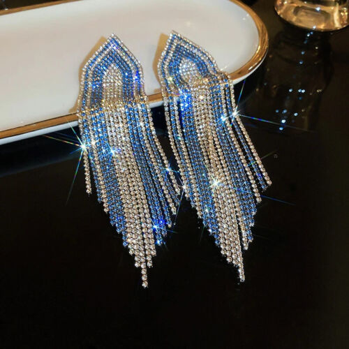 Women's Fashion Elegant Silver Statement Rhinestone Drop Earrings Oversize Long Jewelry