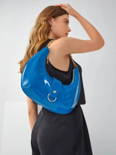 Women's Faux Blue Shiny Hobo Bag Statement Handbag Purse Ladies Tote Accessory
