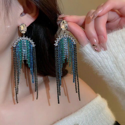 Fashion Blue Crystal Statement Long Full Rhinestone Big Earrings For Women
