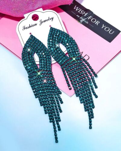 Women's Hunter Green Shimmery Rhinestone Fashion Statement Bling Earrings Ladies