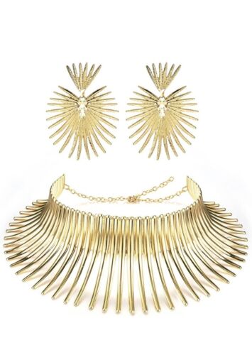 Ladies Fashion Gold Spike Shaped Statement Earrings & Necklace Set Women Nubian Styled Jewelry