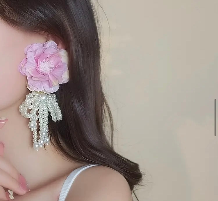 Summertime Flower Pearl Drop Dangle Blossom Design Fashion Statement Earrings Womens