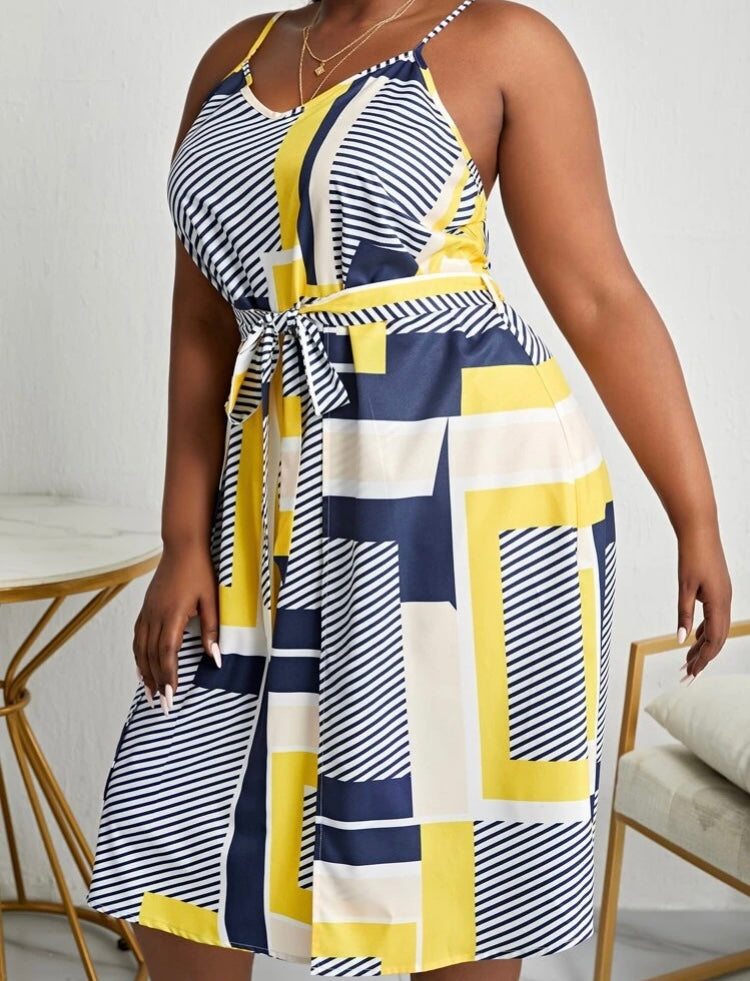 Self-Confident Plus Striped Yellow & Blue Patchwork Print Thigh Split Belted  Dress Summer Happy Wear