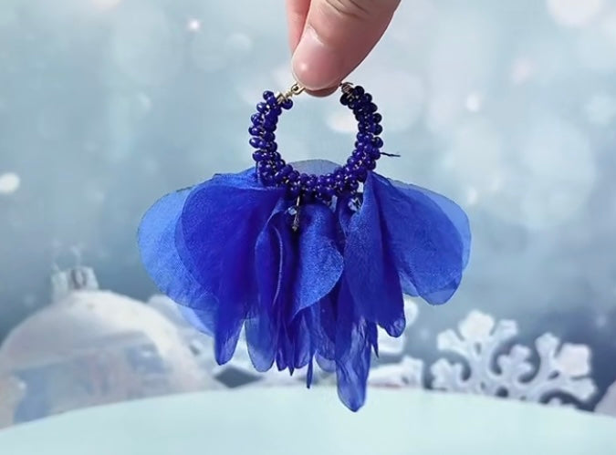 Beautiful Minimalist Blue Bohemian Style Flower Petals Beaded Chiffon Flower Statement Earrings Accessory w Hoop Closure