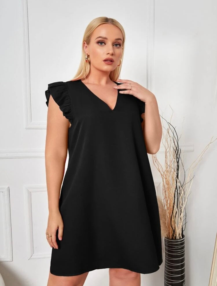 Classy Sassy Trendy Comfy Fit Plus V Neck Ruffle Trim Tunic Over Knee Dress for the Women’s Cute Curvy Girls