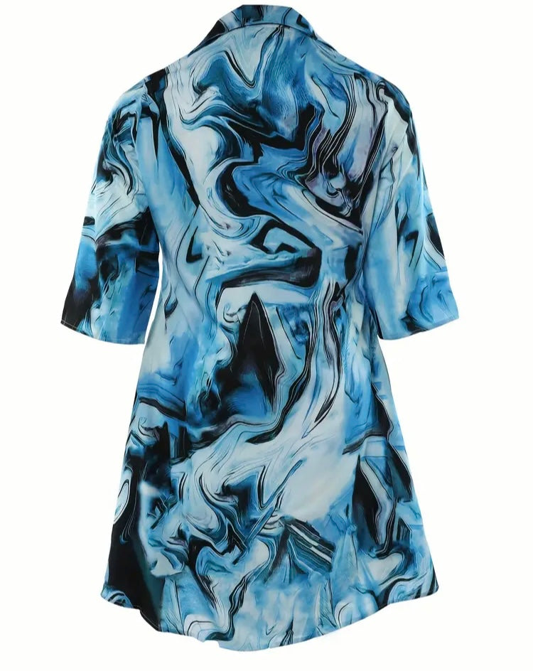 Beautiful Blue Plus Size Marble Print Long Sleeve Polo Neck Dress with Pockets Comfortable Stretch Fabric Flattering Fit Casual Wear Clothes
