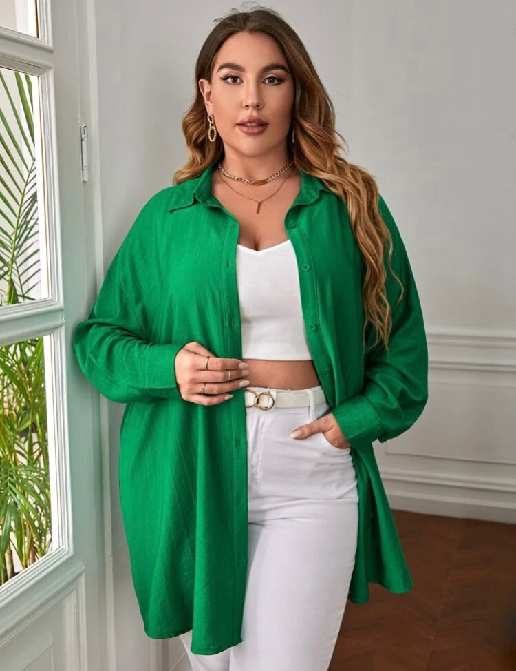 Beautiful Comfy Green Versatile Plus Long Sleeved Button Front Shirt Top Coat Dress Women’s Wear