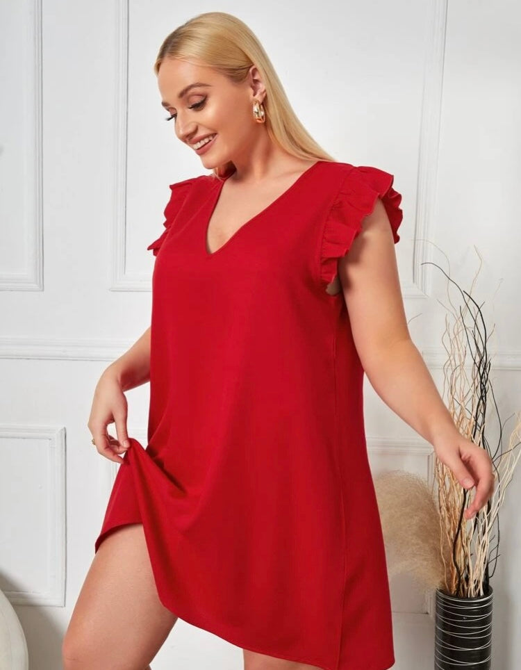 Classy Sassy Trendy Comfy Fit Plus V Neck Ruffle Trim Tunic Over Knee Dress for the Women’s Cute Curvy Girls