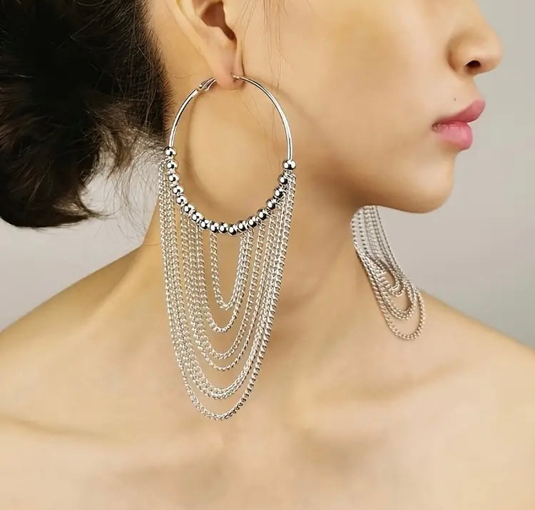 Beautiful Hoop Beaded Tassel Earrings Eye-Catching Fashion Statement Design Long Chain Fringe Dangle for Women and Everyday Wear Earrings