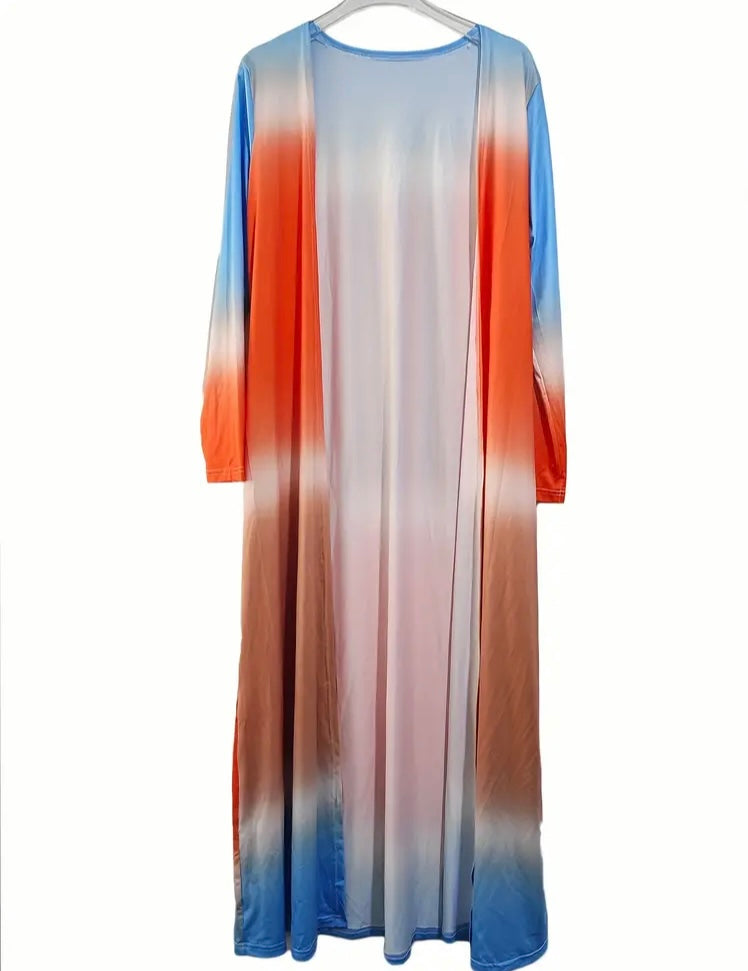 Casually Amazing Two Pieces Jumpsuit Plus Size Casual Outfit Women's Plus Ombre Earth Tone Print Long Sleeve Open Front Cardigan & Belted Outfits Set