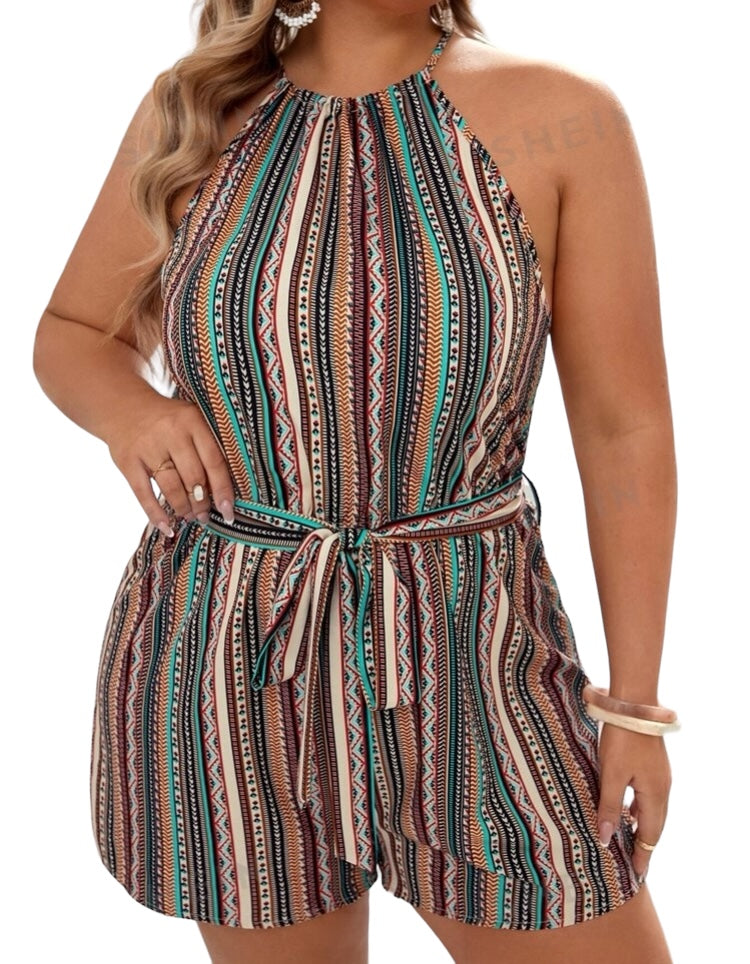 Earth Tone Girl Plus Strips Print Halter Neck Belted Shorts Cute Trendy Summer Romper Wear