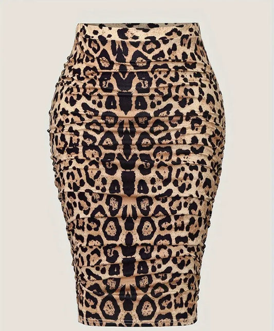 Leopard Print Pencil Skirt Ruched High Waist Midi Skirt Women's Plus Size Clothing