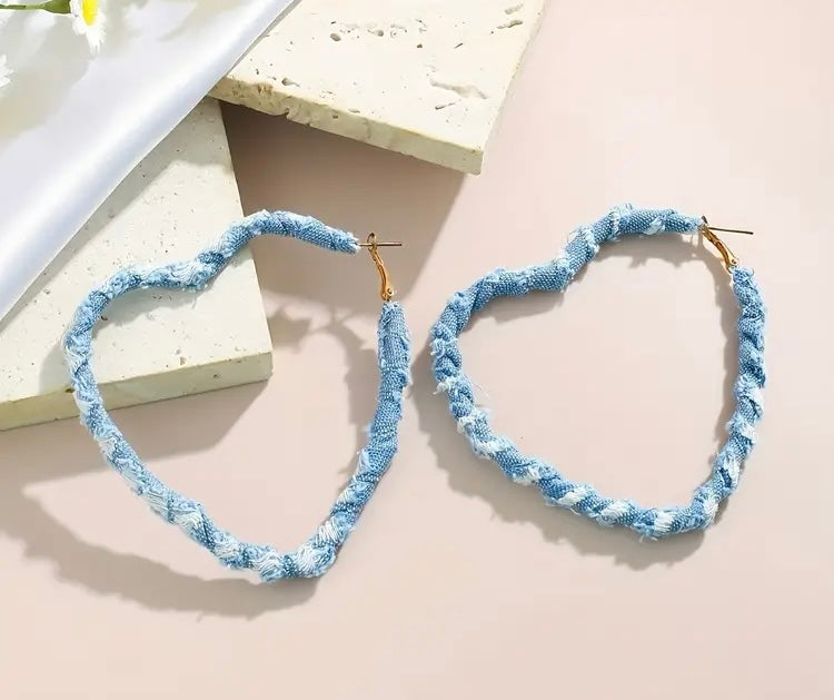 Light Blue Denim & Fashion Print Fabric Wrapped Heart Hoop Earrings for Women Accessories