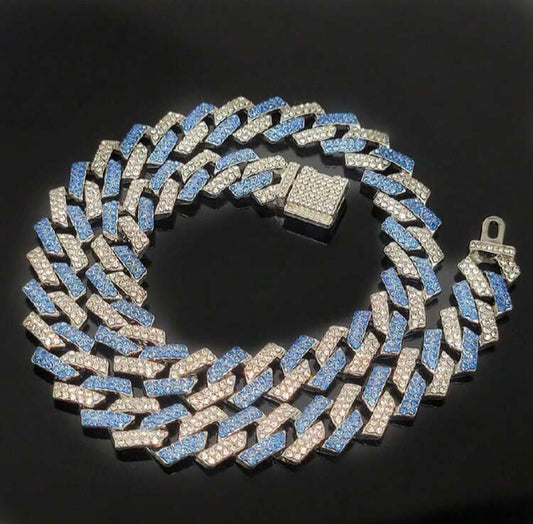 Blue Iced Out Cuban Link Chain Silver Tone Jewelry Rhinestone Bling Statement Unisex Necklace