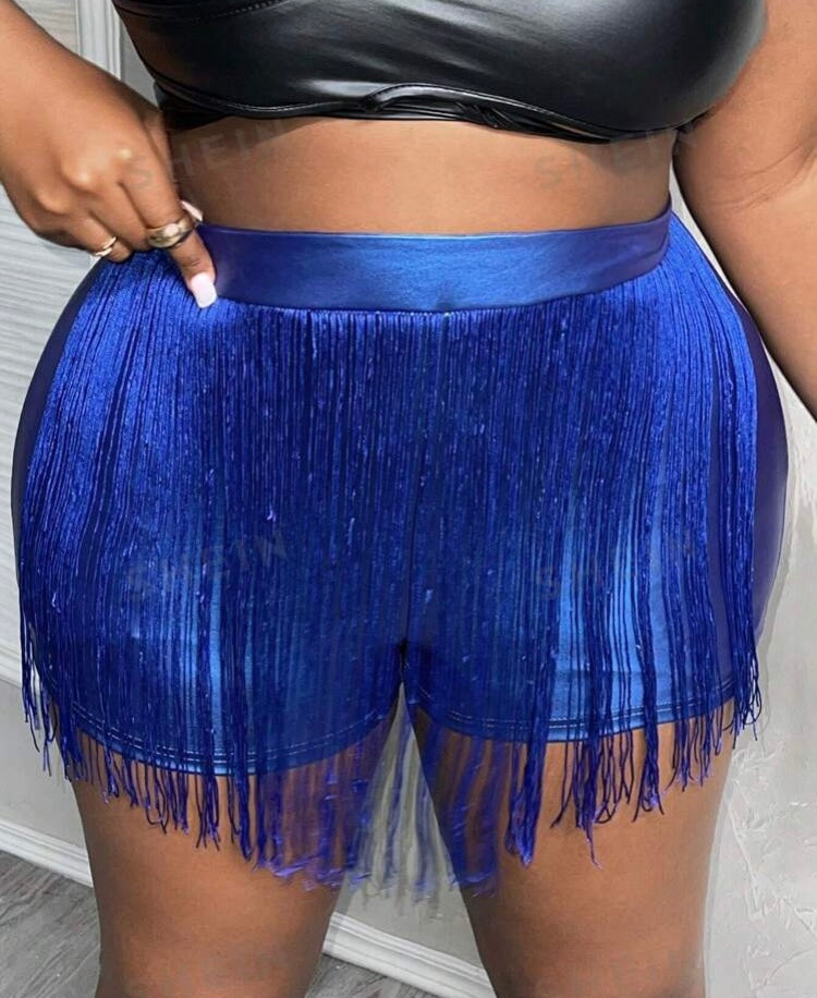 Shimmering Blue Plus Size Elastic PU Leather Fringed Shorts Women’s Wear