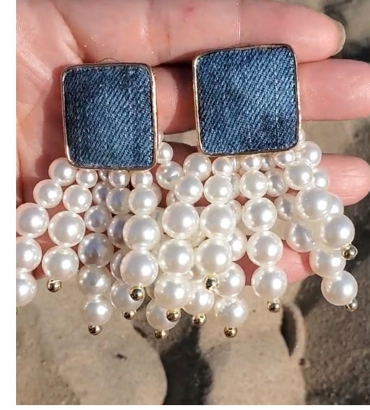 White Pearl Denim Round Beaded Chain Drop Earrings High-Quality Fashion Trend Jewelry Accessories